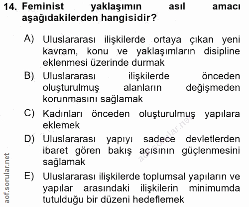 14. soru: Feminist yaklaşımın asil amacl aşağıdakilerden hangisidir? A) Uluslararası ilişkilerde ortaya çıkan yeni kavram, konu…