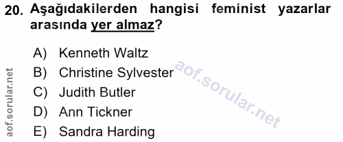 20. soru: Aşağıdakilerden hangisi feminist yazarlar arasında yer almaz? B) Christine Sylvester o A) Kenneth Waltz C) Judith But…
