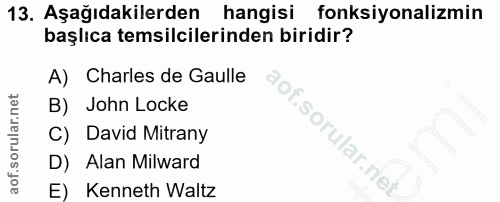 13. soru: Aşağıdakilerden hangisi fonksiyonalizmin başlıca temsilcilerinden biridir? A) Charles de Gaulle B) John Locke C) Davi…