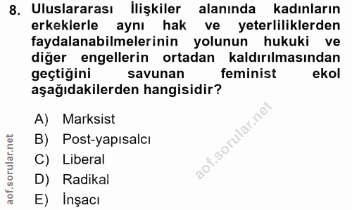 8. soru: Uluslararası İlişkiler alanında kadınların erkeklerle aynı hak ve yeterliliklerden faydalanabilmelerinin yolunun huku…