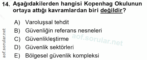 14. soru: Aşağıdakilerden hangisi Kopenhag Okulunun ortaya attığı kavramlardan biri değildir? A) Varoluşsal tehdit B) Güvenliği…