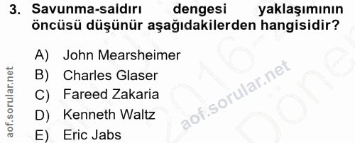 3. soru: Savunma-saldırı dengesi yaklaşımının öncüsü düşünür aşağıdakilerden hangisidir? A) John Mearsheimer B) Charles Glaser…