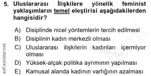 5. soru: Uluslararası İlişkilere yönelik feminist yaklaşımların temel eleştirisi aşağıdakilerden hangisidir? A) Disiplinde nic…