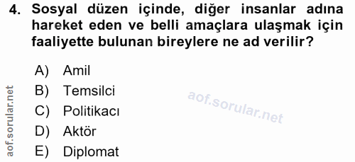 4. soru: Sosyal düzen içinde, diğer insanlar adına hareket eden ve belli amaçlara ulaşmak için faaliyette bulunan bireylere ne…