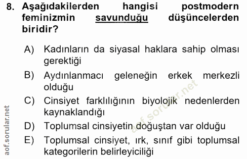 8. soru: Aşağıdakilerden hangisi postmodern feminizmin savunduğu düşüncelerden biridir? A) Kadınların da siyasal haklara sahip…