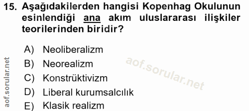 15. soru: Aşağıdakilerden hangisi Kopenhag Okulunun esinlendiği ana akım uluslararası ilişkiler teorilerinden biridir? A) Neoli…