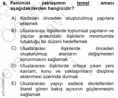 6. soru: Feminist yaklaşımın temel amacl aşağıdakilerden hangisidir? A) Kadınları önceden oluşturulmuş yapılara eklemek B) Ulu…