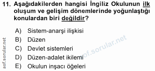 11. soru: Aşağıdakilerden hangisi İngiliz Okulunun ilk oluşum ve gelişim dönemlerinde yoğunlaştığı konulardan biri değildir? A)…