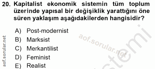20. soru: Kapitalist ekonomik sistemin tüm toplum üzerinde yapısal bir değişiklik yarattığını öne süren yaklaşım aşağıdakilerde…