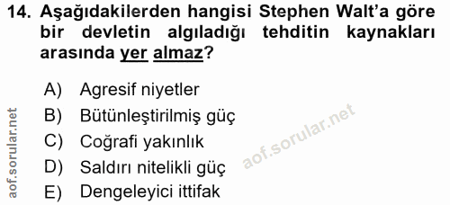 14. soru: Aşağıdakilerden hangisi Stephen Walt'a göre bir devletin algıladığı tehditin kaynakları arasında yer almaz? A) Agresi…