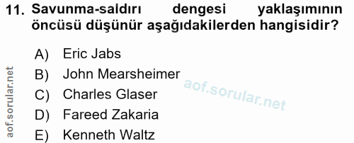 11. soru: Savunma-saldırı dengesi yaklaşımının öncüsü düşünür aşağıdakilerden hangisidir? A) Eric Jabs B) John Mearsheimer C) C…