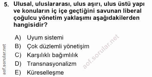 5. soru: Ulusal, uluslararası, ulus aşırı, ulus üstü yapı ve konuların iç içe geçtiğini savunan liberal çoğulcu yönetim yaklaş…