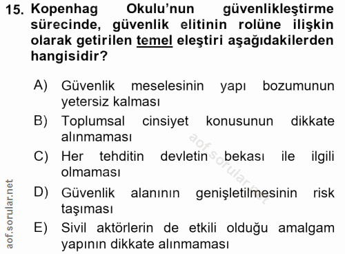 15. soru: Kopenhag Okulu'nun güvenlikleştirme sürecinde, güvenlik elitinin rolüne ilişkin olarak getirilen temel eleştiri aşağı…