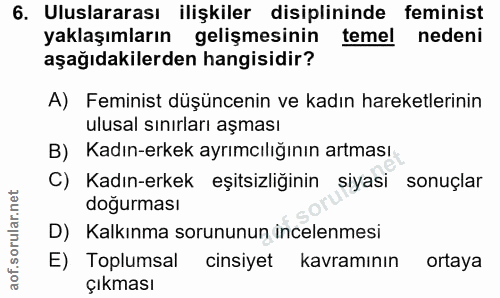 6. soru: Uluslararası ilişkiler disiplininde feminist yaklaşımların gelişmesinin temel nedeni aşağıdakilerden hangisidir? A) F…