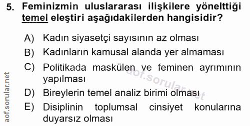 5. soru: Feminizmin uluslararası ilişkilere yönelttiği temel eleştiri aşağıdakilerden hangisidir? A) Kadın siyasetçi sayısının…