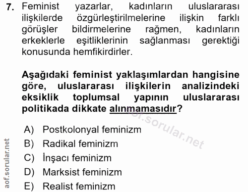 7. soru: Feminist yazarlar, kadınların uluslararası ilişkilerde özgürleştirilmelerine p ilişkin farklı görüşler bildirmelerine…