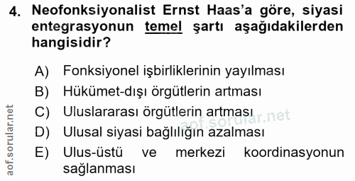 4. soru: Neofonksiyonalist Ernst Has'a göre, siyasi entegrasyonun temel şartı aşağıdakilerden hangisidir? A) Fonksiyonel işbir…