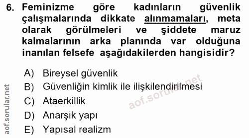 6. soru: Feminizme göre kadınların güvenlik çalışmalarında dikkate alınmamaları, meta olarak görülmeleri ve şiddete maruz kalm…