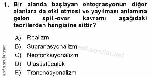 1. soru: Bir alanda başlayan entegrasyonun diğer alanlara da etki etmesi ve yayılması anlamına gelen spill-over kavramı aşağıd…