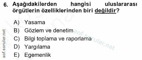 6. soru: Aşağıdakilerden hangisi uluslararası örgütlerin özelliklerinden biri değildir? A) Yasama B) Gözlem ve denetim C) Bilg…