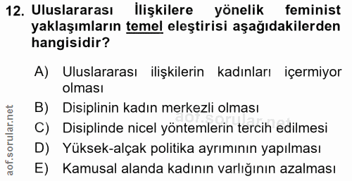 12. soru: Uluslararası llişkilere yönelik feminist yaklaşımların temel eleştirisi aşağıdakilerden hangisidir? A) Uluslararası i…