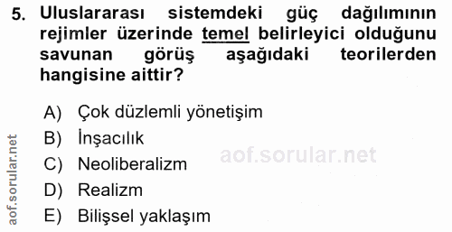 5. soru: Uluslararası sistemdeki güç dağılımının rejimler üzerinde temel belirleyici olduğunu savunan görüş aşağıdaki teoriler…