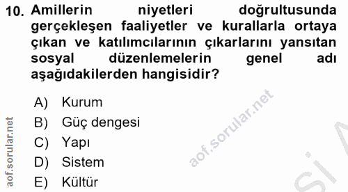 10. soru: Amillerin niyetleri doğrultusunda gerçekleşen faaliyetler ve kurallarla ortaya çıkan ve katılımcılarının çıkarlarını…