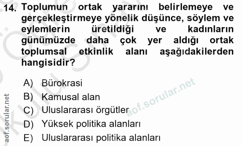 14. soru: Toplumun ortak yararını belirlemeye ve gerçekleştirmeye yönelik düşünce, söylem ve eylemlerin üretildiği ve kadınları…