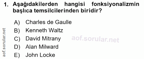 1. soru: Aşağıdakilerden hangisi fonksiyonalizmin başlıca temsilcilerinden biridir? A) Charles de Gaulle B) Kenneth Waltz C) D…