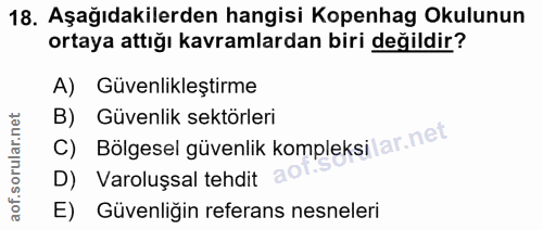 18. soru: Aşağıdakilerden hangisi Kopenhag Okulunun ortaya attığı kavramlardan biri değildir? A) Güvenlikleştirme C) Bölgesel g…