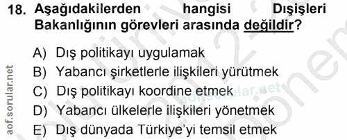 18. soru: Aşağıdakilerden hangisi Dışişleri Bakanlığının görevleri arasında değildir? A) Dış politikayı uygulamak B) Yabancı şi…