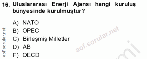 16. soru: Uluslararası Enerji Ajansı hangi kuruluş bünyesinde kurulmuştur? A) NATO B) OPEC C) Birleşmiş Milletler D) AB E) OECD
