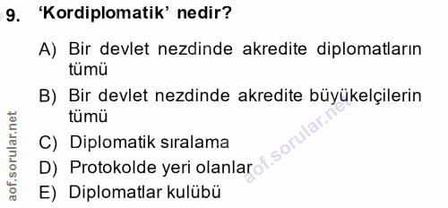 9. soru: 'Kordiplomatik' nedir? A) Bir devlet ezdinde akredite diplomatların tumü B) Bir devlet nezdinde akredite büyükelçiler…