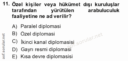 11. soru: Özel kişiler veya hükümet dışı kuruluşlar tarafından yürütülen arabuluculuk faaliyetine ne ad verilir? A) Paralel dip…