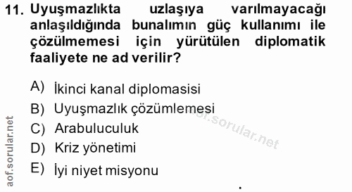 11. soru: Uyuşmazlıkta uzlaşıya varılmayacağı anlaşıldığında bunalımın güç kullanımı ile çözülmemesi için yürütülen diplomatik…