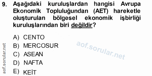 9. soru: Aşağıdaki kuruluşlardan hangisi Avrupa Ekonomik Topluluğundan (AET) hareketle oluşturulan bölgesel ekonomik işbirliği…