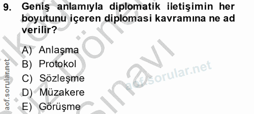 9. soru: Geniş anlamıyla diplomatik iletişimin her boyutunu içeren diplomasi kavramına ne ad verilir? A) Anlaşma B) Protokol a…
