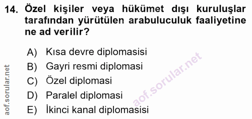 14. soru: Özel kişiler veya hükümet dışı kuruluşlar tarafından yürütülen arabuluculuk faaliyetine ne ad verilir? A) Kısa devre…
