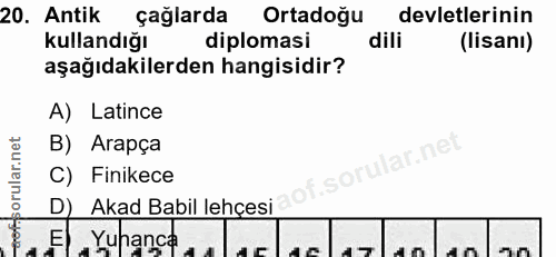20. soru: Antik çağlarda Ortadoğu devletlerinin kullandığı diplomasi (lisanı) aşağıdakilerden hangisidir? A) Latince B) Arapça…