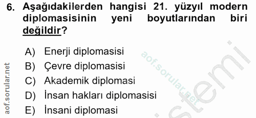 6. soru: Aşağıdakilerden hangisi 21. yüzyıl modern diplomasisinin yeni boyutlarından biri değildir? A) Enerji diplomasisi B) Ç…