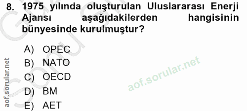 8. soru: 1975 yılında oluşturulan Uluslararası Enerji Ajansı aşağıdakilerden hangisinin bünyesinde kurulmuştur? A) OPEC B) NAT…