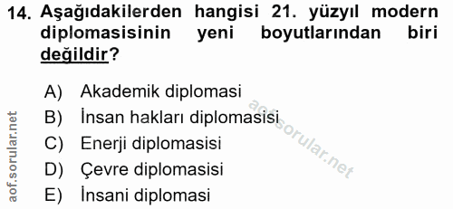 14. soru: Aşağıdakilerden hangisi 21. yüzyıl modern diplomasisinin yeni boyutlarından biri değildir? A) Akademik diplomasi B) _…