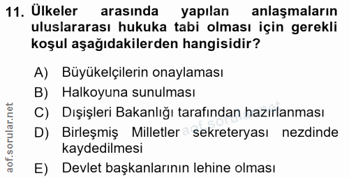 11. soru: Ulkeler arasında yapılan anlaşmaların uluslararası hukuka tabi olması için gerekli koşul aşağıdakilerden hangisidir?…