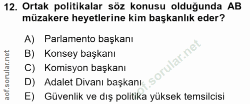 12. soru: Ortak politikalar söz konusu olduğunda AB müzakere heyetlerine kim başkanlık eder? A) Parlamento başkanı B) Konsey ba…