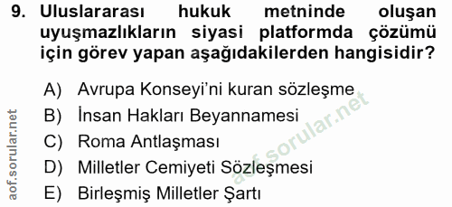 9. soru: Uluslararası hukuk metninde oluşan uyuşmazlıkların siyasi platformda çözümü için görev yapan aşağıdakilerden hangisid…