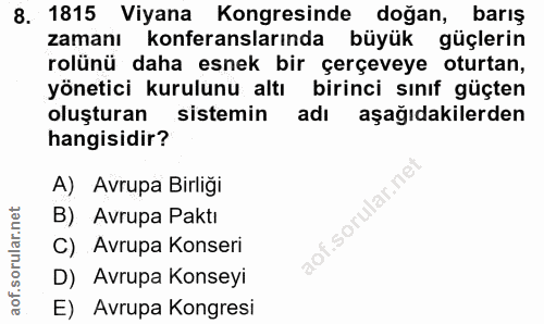 8. soru: 1815 Viyana Kongresinde doğan, barış zamanı konferanslarında büyük güçlerin rolünü daha esnek bir çerçeveye oturtan,…