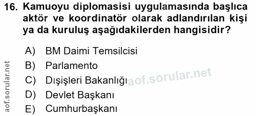 16. soru: Kamuoyu diplomasisi uygulamasında başlıca aktör ve koordinatör olarak adlandırılan kişi ya da kuruluş aşağıdakilerden…