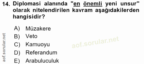 14. soru: Diplomasi alanında "en önemli yeni unsur" olarak nitelendirilen kavram aşağıdakilerden hangisidir? A) Müzakere B) Vet…