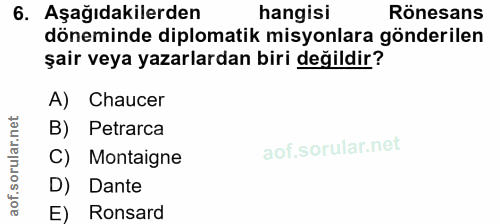 6. soru: Aşağıdakilerden hangisi Rönesans döneminde diplomatik misyonlara gönderilen şair veya yazarlardan biri değildir? A) C…