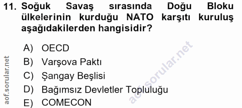 11. soru: Soğuk Savaş sirasinda Doğu Bloku ülkelerinin kurduğu NATO karşıtı kuruluş aşağıdakilerden hangisidir? A) OECD B) Varş…